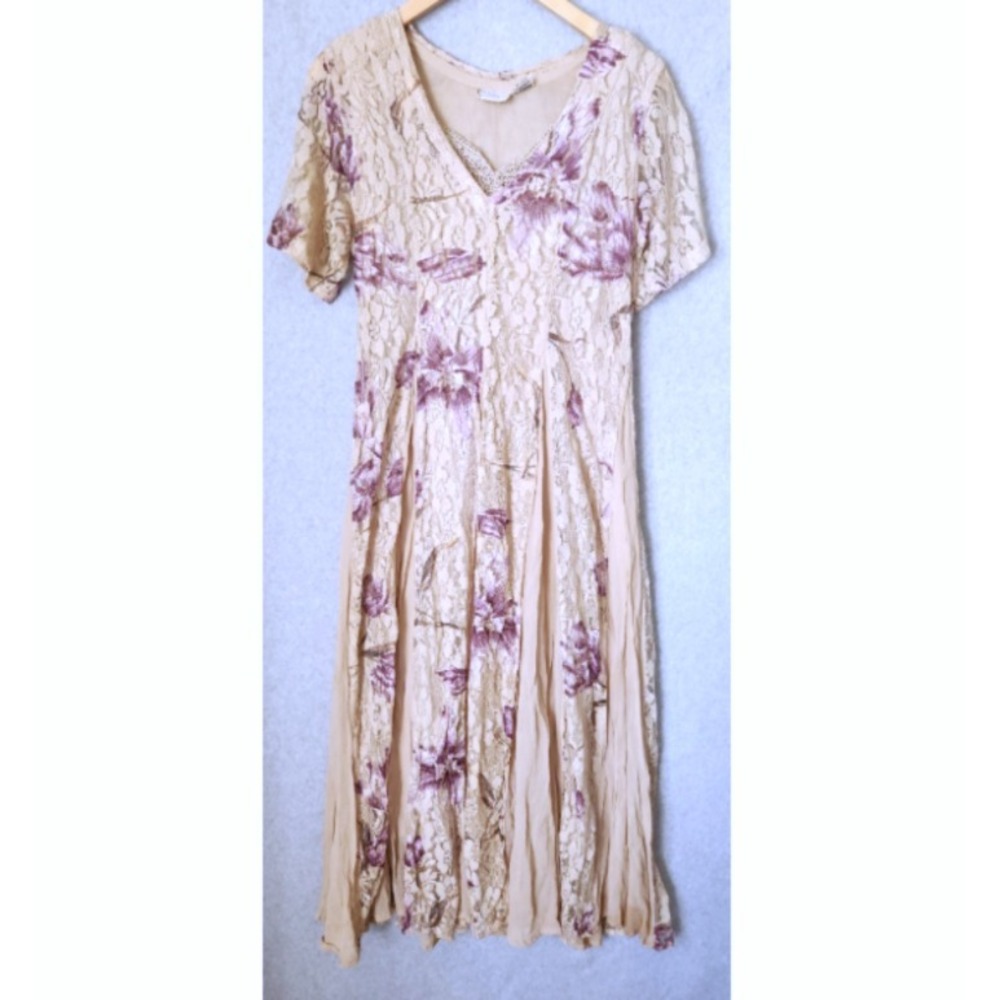 Vintage Starina Floral Lace Maxi Dress Size Small Beige Purple 90s Y2K Crinkle